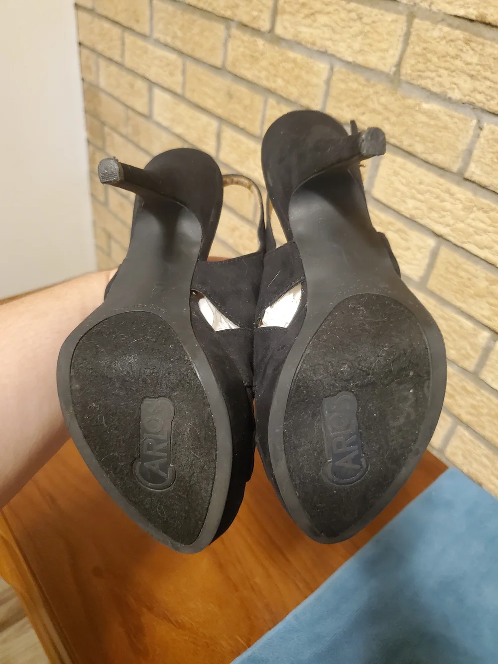 Carlos by Carlos Santana Black Suede Slingback Heels with Amber and Black Jewels